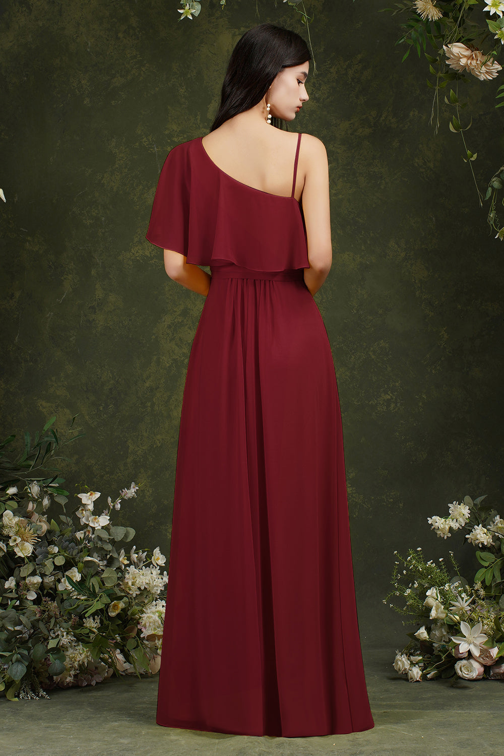 One Shoulder Ruffles Bridesmaid Dress Long With Slit-Babyonlines