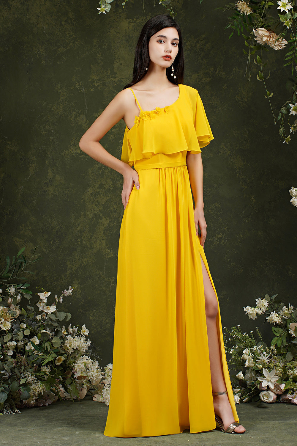 One Shoulder Ruffles Bridesmaid Dress Long With Slit-Babyonlines