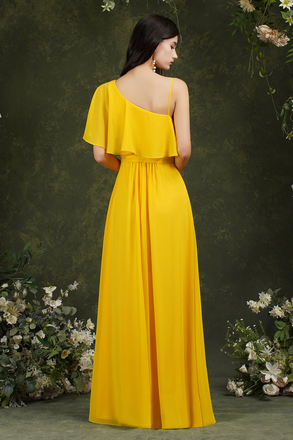 One Shoulder Ruffles Bridesmaid Dress Long With Slit-Babyonlines