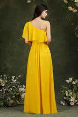 One Shoulder Ruffles Bridesmaid Dress Long With Slit-Babyonlines