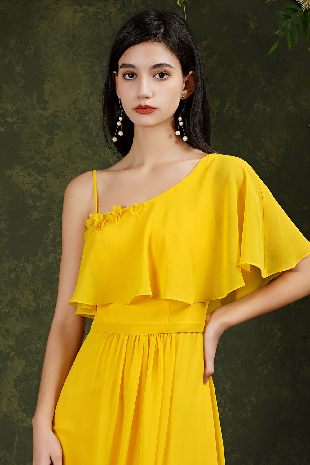 One Shoulder Ruffles Bridesmaid Dress Long With Slit-Babyonlines