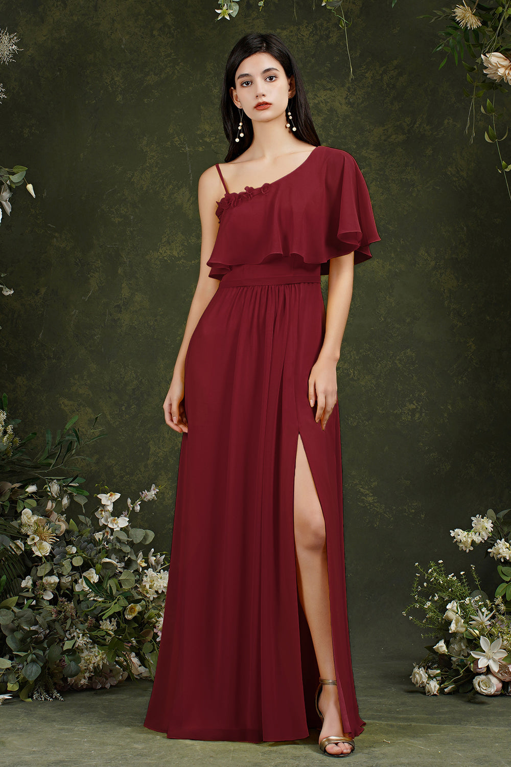 One Shoulder Ruffles Bridesmaid Dress Long With Slit-Babyonlines