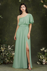 One Shoulder Ruffles Bridesmaid Dress Long With Slit-Babyonlines