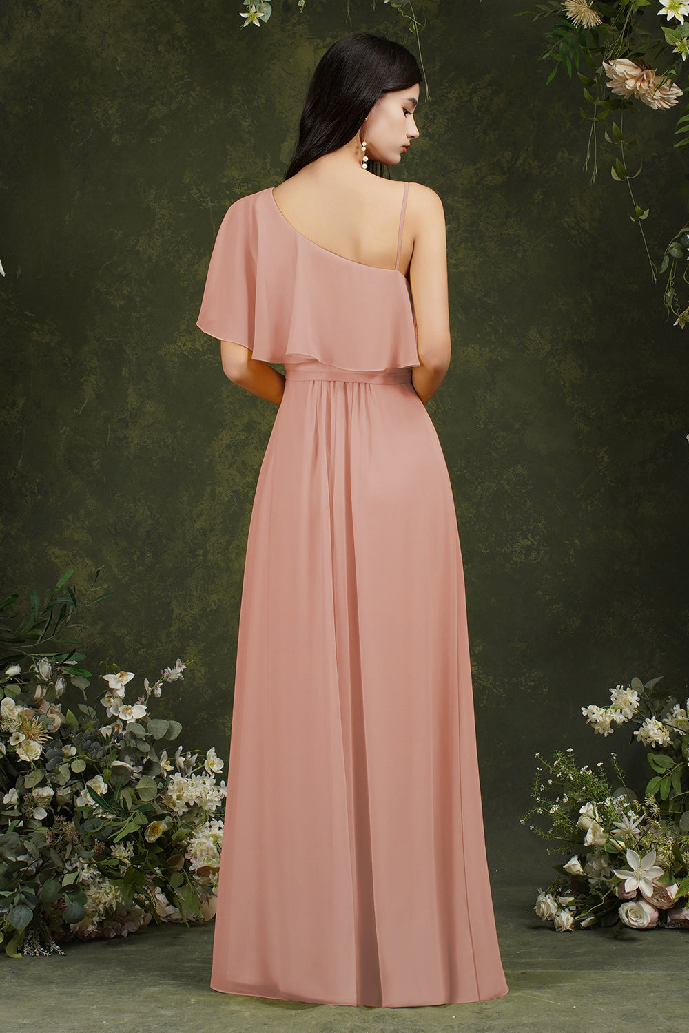 One Shoulder Ruffles Bridesmaid Dress Long With Slit-Babyonlines