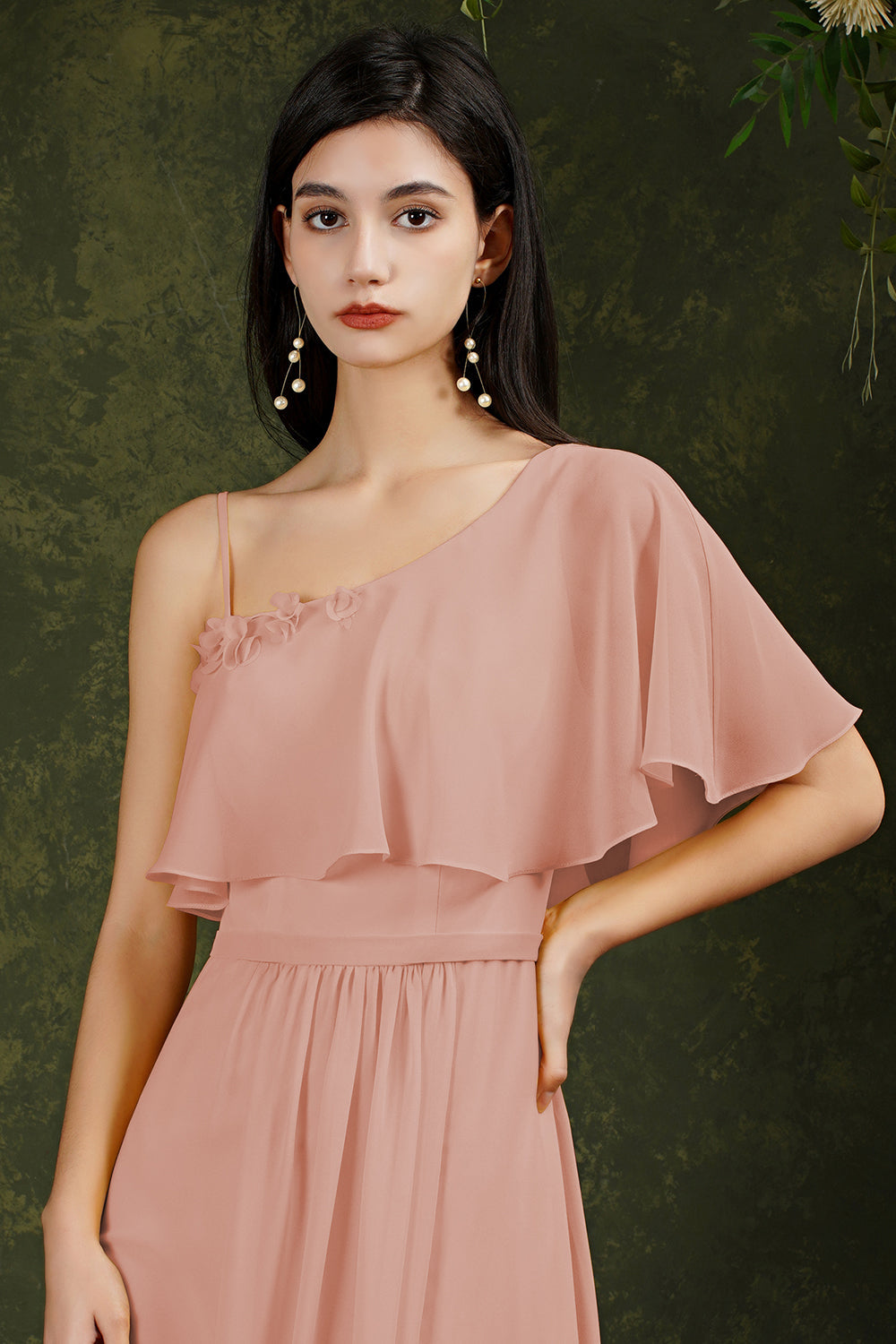 One Shoulder Ruffles Bridesmaid Dress Long With Slit-Babyonlines