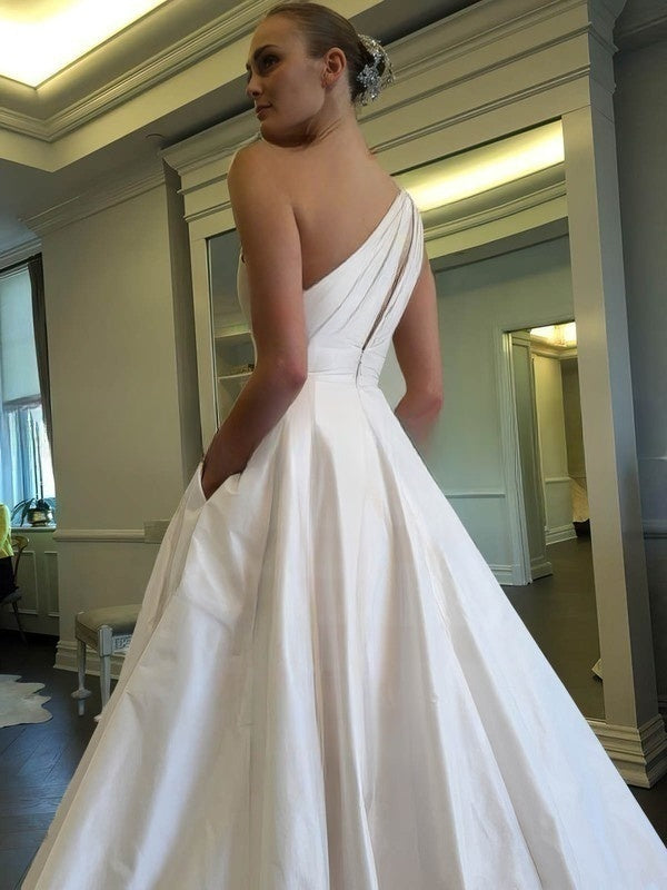 One Shoulder Satin Sweep Train Wedding Dress with Pockets