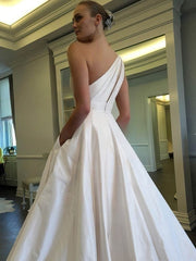 One Shoulder Satin Sweep Train Wedding Dress with Pockets