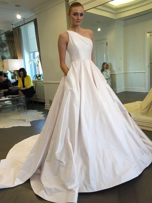 One Shoulder Satin Sweep Train Wedding Dress with Pockets