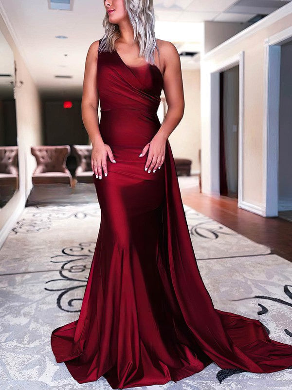 One Shoulder Trumpet/Mermaid Prom Dress with Satin Ruffles and Sweep Train