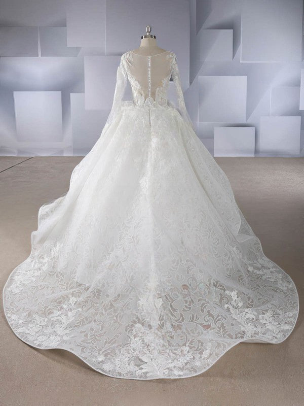Organza Chapel Train Wedding Dress with Illusion and Cascading Ruffles