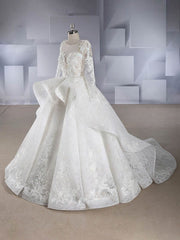 Organza Chapel Train Wedding Dress with Illusion and Cascading Ruffles