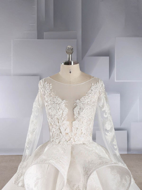 Organza Chapel Train Wedding Dress with Illusion and Cascading Ruffles