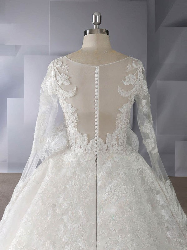 Organza Chapel Train Wedding Dress with Illusion and Cascading Ruffles
