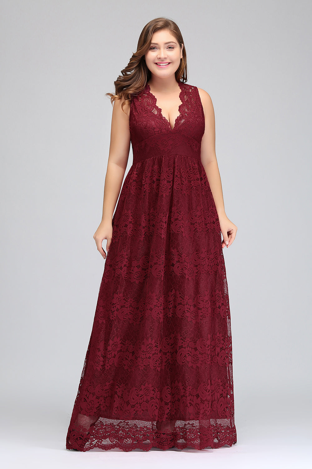Plus Size A-Line V-Neck Burgundy Lace Bridesmaid Dress Online-Babyonlines