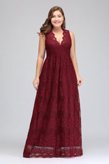 Plus Size A-Line V-Neck Burgundy Lace Bridesmaid Dress Online-Babyonlines