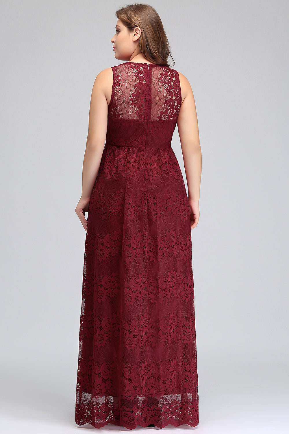 Plus Size A-Line V-Neck Burgundy Lace Bridesmaid Dress Online-Babyonlines