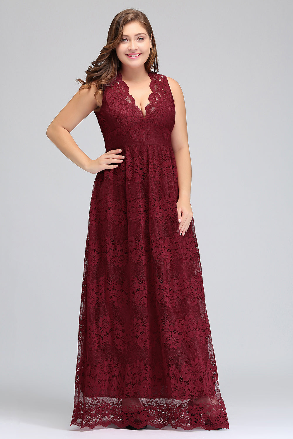 Plus Size A-Line V-Neck Burgundy Lace Bridesmaid Dress Online-Babyonlines