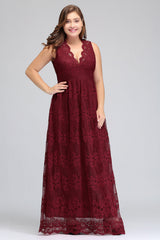 Plus Size A-Line V-Neck Burgundy Lace Bridesmaid Dress Online-Babyonlines