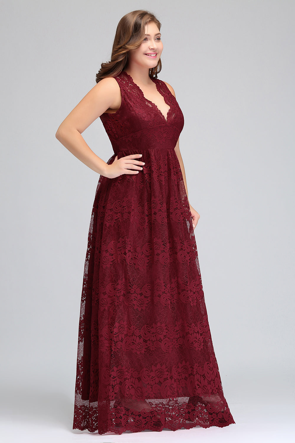 Plus Size A-Line V-Neck Burgundy Lace Bridesmaid Dress Online-Babyonlines