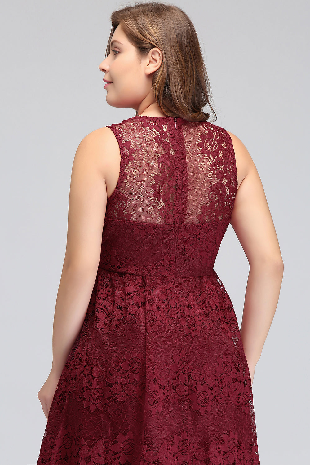 Plus Size A-Line V-Neck Burgundy Lace Bridesmaid Dress Online-Babyonlines