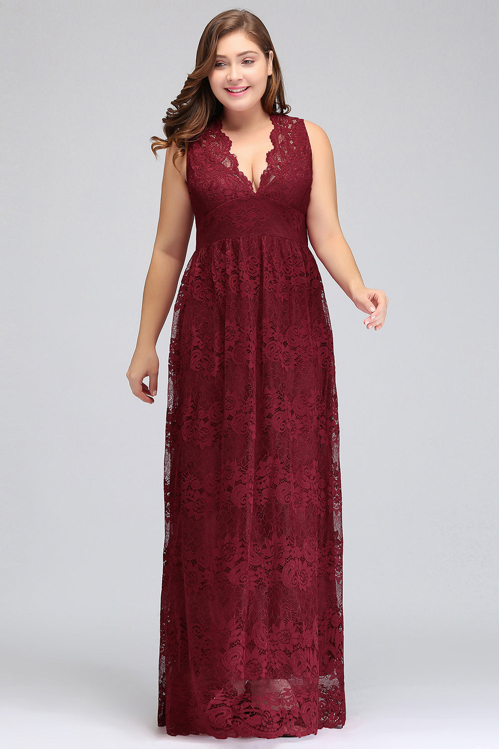 Plus Size A-Line V-Neck Burgundy Lace Bridesmaid Dress Online-Babyonlines