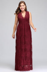 Plus Size A-Line V-Neck Burgundy Lace Bridesmaid Dress Online-Babyonlines