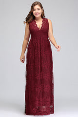 Plus Size A-Line V-Neck Burgundy Lace Bridesmaid Dress Online-Babyonlines