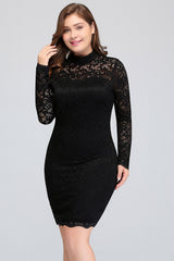 Plus Size Mermaid High-Neck Lace Short Bridesmaid Dress with Long Sleeves-Babyonlines