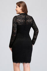 Plus Size Mermaid High-Neck Lace Short Bridesmaid Dress with Long Sleeves-Babyonlines