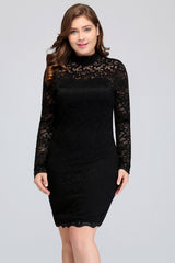 Plus Size Mermaid High-Neck Lace Short Bridesmaid Dress with Long Sleeves-Babyonlines