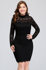 Plus Size Mermaid High-Neck Lace Short Bridesmaid Dress with Long Sleeves-Babyonlines