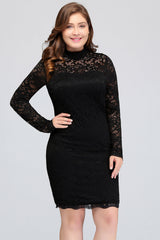Plus Size Mermaid High-Neck Lace Short Bridesmaid Dress with Long Sleeves-Babyonlines