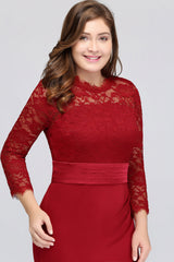 Plus Size Mermaid Long Red Lace Bridesmaid Dresses with 3/4 Sleeves-Babyonlines
