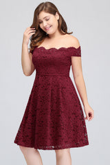Plus Size Off-the-Shoulder Burgundy Lace Short Bridesmaid Dress Online-Babyonlines