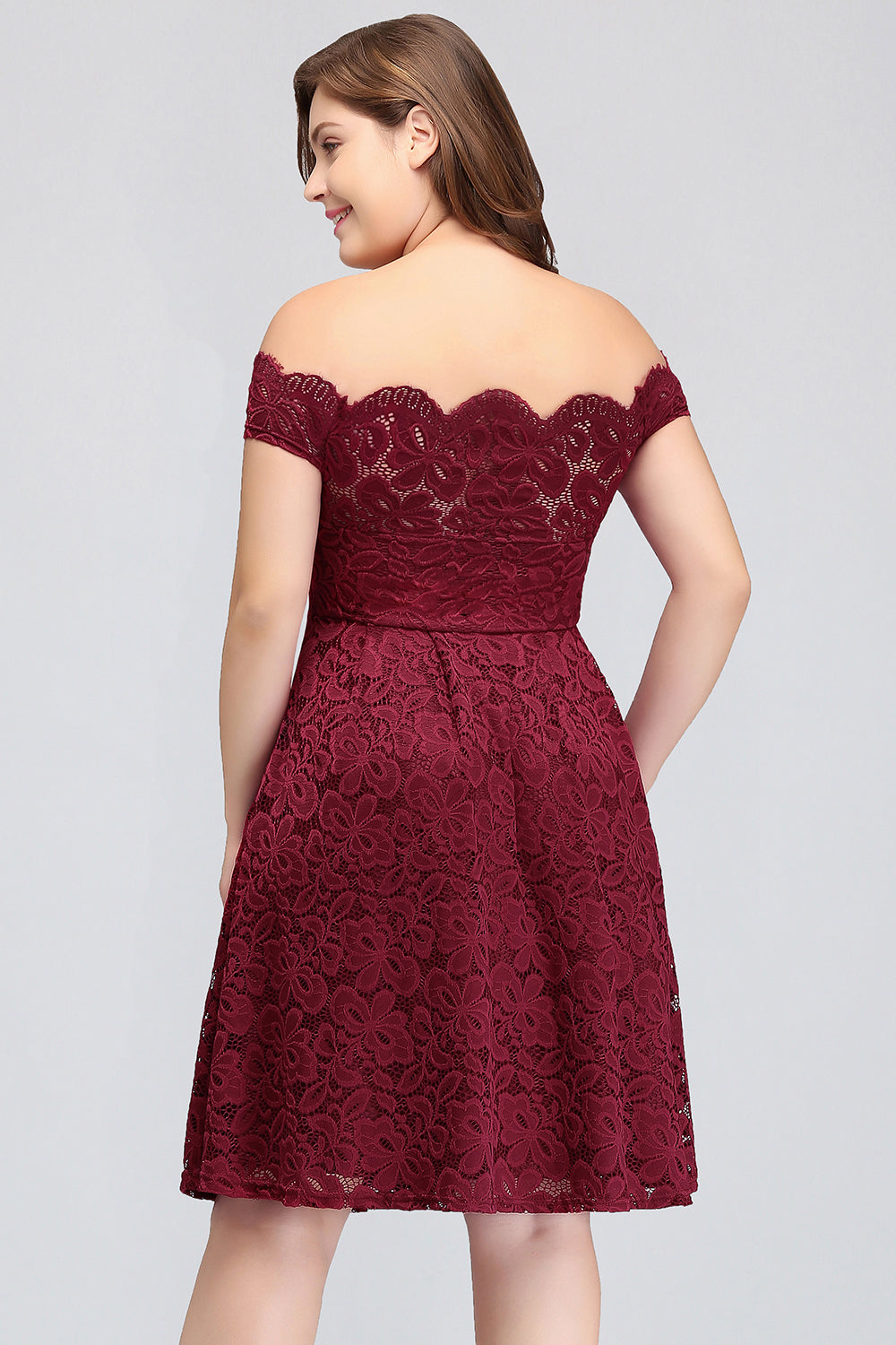 Plus Size Off-the-Shoulder Burgundy Lace Short Bridesmaid Dress Online-Babyonlines