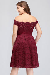 Plus Size Off-the-Shoulder Burgundy Lace Short Bridesmaid Dress Online-Babyonlines