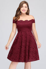 Plus Size Off-the-Shoulder Burgundy Lace Short Bridesmaid Dress Online-Babyonlines