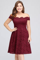 Plus Size Off-the-Shoulder Burgundy Lace Short Bridesmaid Dress Online-Babyonlines