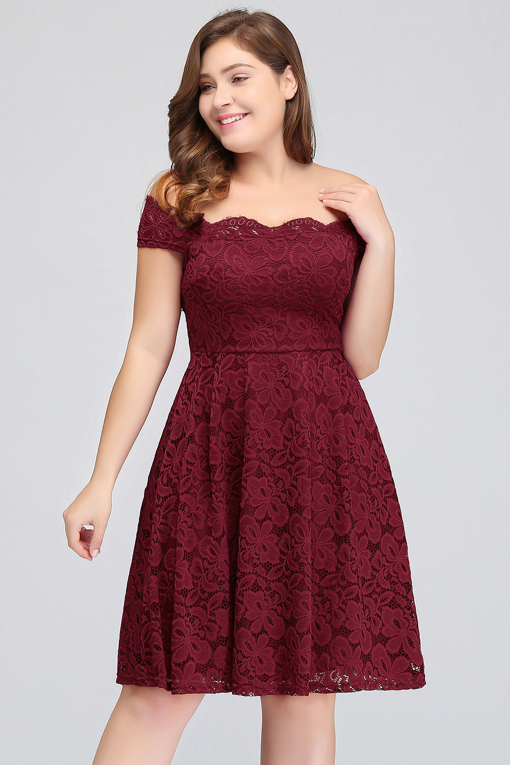 Plus Size Off-the-Shoulder Burgundy Lace Short Bridesmaid Dress Online-Babyonlines