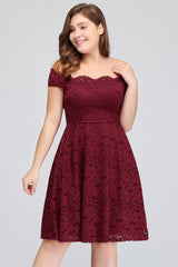 Plus Size Off-the-Shoulder Burgundy Lace Short Bridesmaid Dress Online-Babyonlines