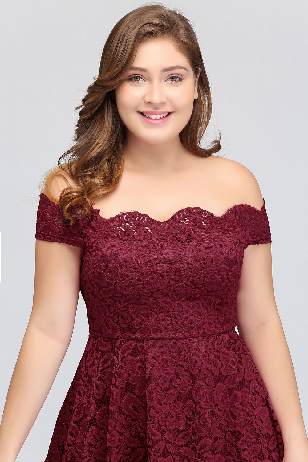 Plus Size Off-the-Shoulder Burgundy Lace Short Bridesmaid Dress Online-Babyonlines