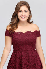 Plus Size Off-the-Shoulder Burgundy Lace Short Bridesmaid Dress Online-Babyonlines