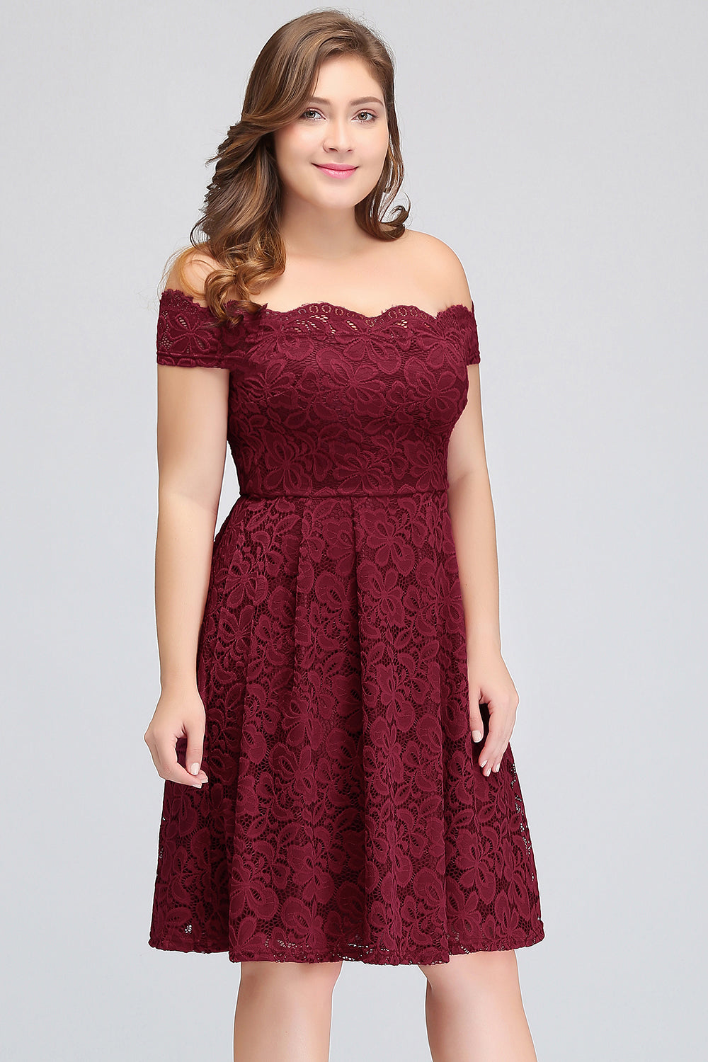Plus Size Off-the-Shoulder Burgundy Lace Short Bridesmaid Dress Online-Babyonlines