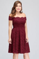 Plus Size Off-the-Shoulder Burgundy Lace Short Bridesmaid Dress Online-Babyonlines