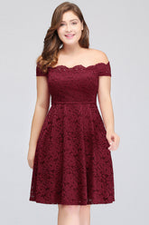 Plus Size Off-the-Shoulder Burgundy Lace Short Bridesmaid Dress Online-Babyonlines