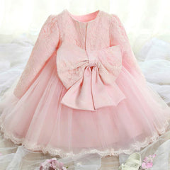 Popular Ball Gown Scoop Neck Lace Tulle Ankle-length Bow Long Sleeve Flower Girl Dresses
