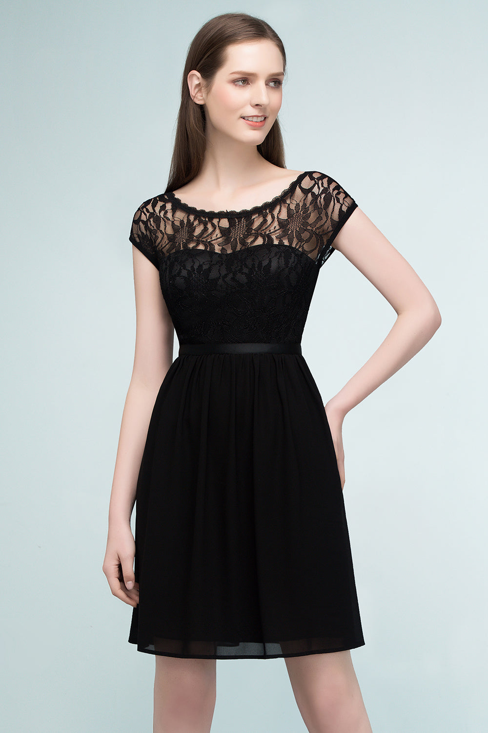 Pretty Scoop Sleeveless Black Lace Short Junior Bridesmaid Dress-Babyonlines