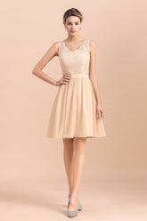 Pretty V-Neck Chiffon Lace Short Bridesmaid Dress with Ruffles Online-Babyonlines