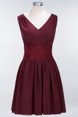 Pretty V-Neck Short Sleeveless Lace Bridesmaid Dresses Online-Babyonlines