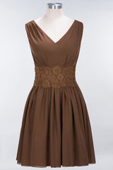 Pretty V-Neck Short Sleeveless Lace Bridesmaid Dresses Online-Babyonlines